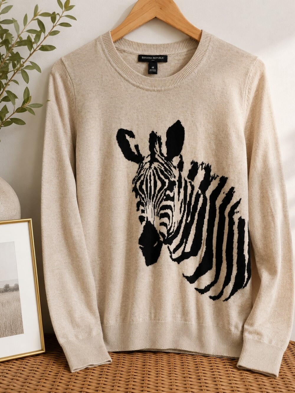 NWOT Banana Republic Zebra Intarsia 100% Cotton Crewneck Sweater Medium